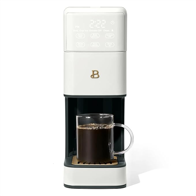 Beautiful Perfect Grind Programmable Single Serve Coffee Maker with Touch Display and Integrated Burr Grinder, Auto Coffee Strength Selection, 64oz Water Reservoir (White Icing)