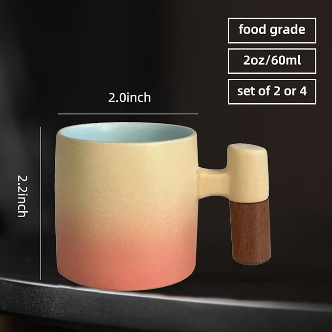 2-Oz Ceramic Espresso Cups with Wood Handle, 2/4-Piece Set for Coffee, Tea, Latte - Dishwasher Safe, Multi-Color & Wood Styles, Gift & Café Use (pink, Wooden Handle2)