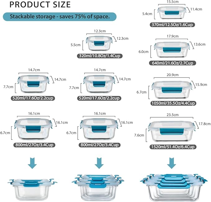 GC Glass Food Storage Containers with Airtight Lids-Glass Meal Prep Containers/Bento Box/Microwave Freezer Dishwasher Safe-Glass Lunch Box for Kitchen,Stackable,Large Capacity, BPA Free