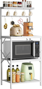 Kitchen Bakers Rack with Storage Shelves, Small Coffee Bar Cart with 8 Hooks, 4 Tiers Microwave Stand Station with Adjustable Shelves, Freestanding Kitchen Appliance Organizer, White
