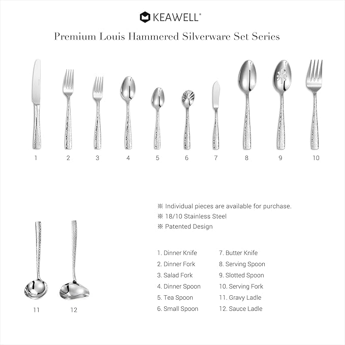 KEAWELL Premium 20/45/65 Piece Louis Hammered Silverware Set with Squared Edge, 18/10 Stainless Steel, Service for 4/8/12, Fine Flatware Set, Dishwasher Safe (65)