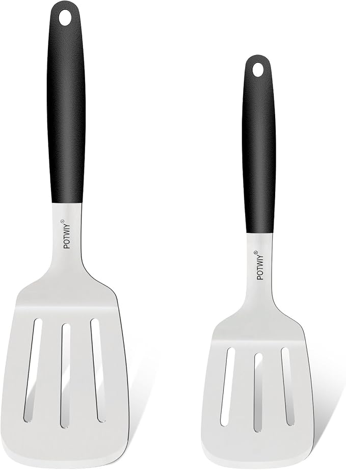 Stainless Steel Spatula Set, 2 Pcs Slotted Spatulas for Kitchen Use, Metal Turner with Silicone Handle for Cast Iron Skillet, Grilling, Cooking Utensils for Flipping Steak, Burgers, Pancake