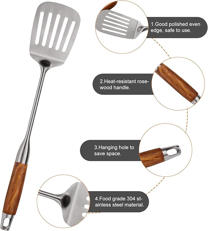 304 Stainless Steel Kitchen Utensils Set with Wooden Handle, 2 Pcs Heat Resistant Metal Cooking Utensils Set,Spatula