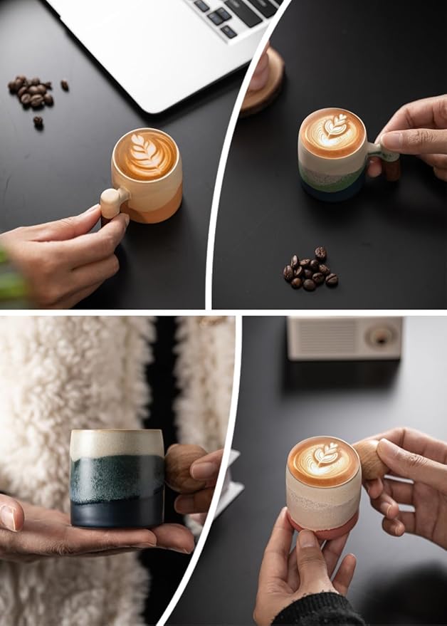 2-Oz Ceramic Espresso Cups with Wood Handle, 2/4-Piece Set for Coffee, Tea, Latte - Dishwasher Safe, Multi-Color & Wood Styles, Gift & Café Use (Kiln turning green, Wooden Handle4)
