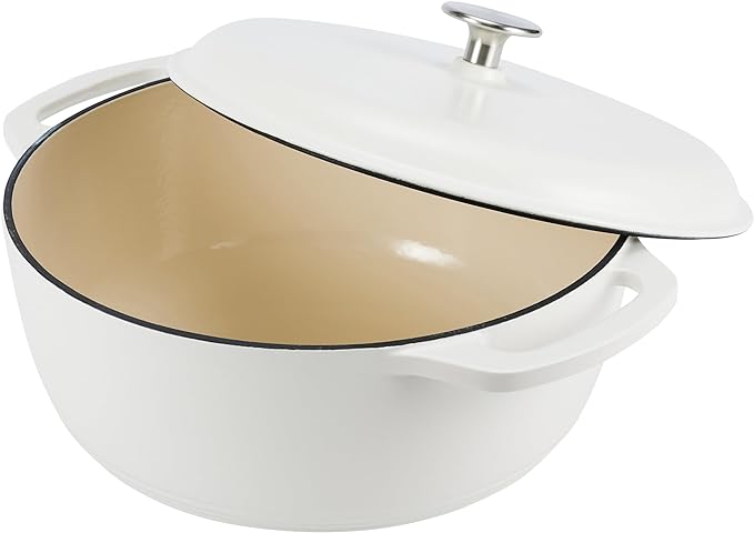 Amazon Basics Cast Iron Dutch Oven Pot with Lid, Enameled, Round, Dual Handles, Heavy-Duty, Medium, 6-Quart, Matte White