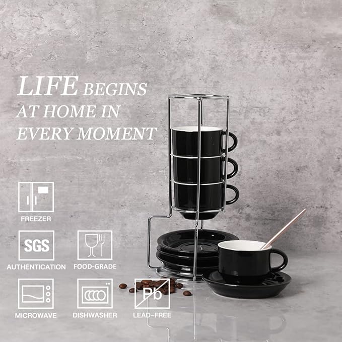 Sweejar Porcelain Espresso Cups with Saucers, 2.5 Ounce Stackable Cappuccino Cups with Metal Stand for Coffee Drinks, Latte, Tea - Set of 4 (Black)