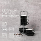 Sweejar Porcelain Espresso Cups with Saucers, 2.5 Ounce Stackable Cappuccino Cups with Metal Stand for Coffee Drinks, Latte, Tea - Set of 4 (Black)