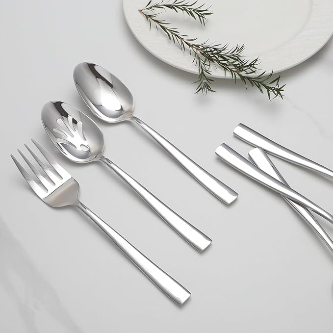 6 Piece Serving Utensils Set, Includes Serving Spoons x 2, Slotted Spoons x 2, Serving Forks x 2, Large Cutlery for Catering Buffet, Mirror Polished, Dishwasher Safe, 9 Inches