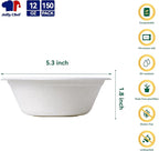 JOLLY CHEF Compostable Disposable Paper Bowl [12 oz] Heavy Duty Soup Containers [150 Pack] Biodegradable Bagasse Hot Cold Food Eco-Friendly Sugarcane Microwavable Bowls for Salad Dessert Milk Cereals