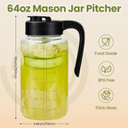 Borosilicate Glass Pitcher with Lid, 64 oz Mason Jar Pitcher Pour Spout Lid Airtight Leak-proof, Sun Tea Glass Jar for Outside, Breastmilk, Cold Brew, Coffee and Iced Tea