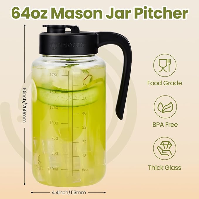 Borosilicate Glass Pitcher with Lid, 64 oz Mason Jar Pitcher Pour Spout Lid Airtight Leak-proof, Sun Tea Glass Jar for Outside, Breastmilk, Cold Brew, Coffee and Iced Tea