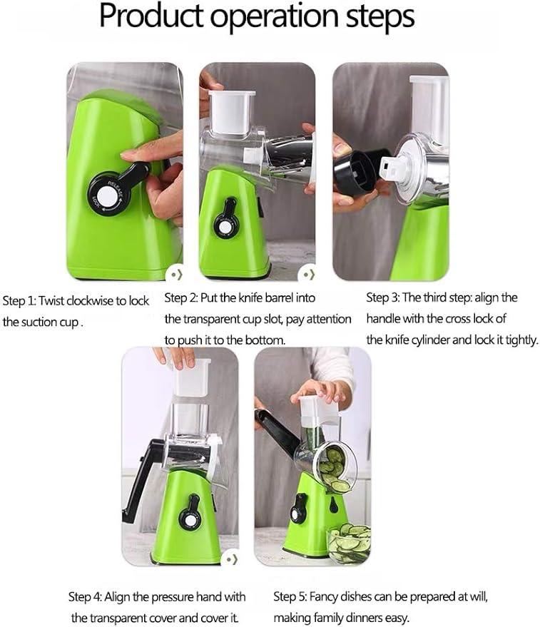 Manual Rotary Potato Grater Kitchen Mandoline Vegetable Slicer，with 3 Interchangeable Blades，Easy to use (Green)