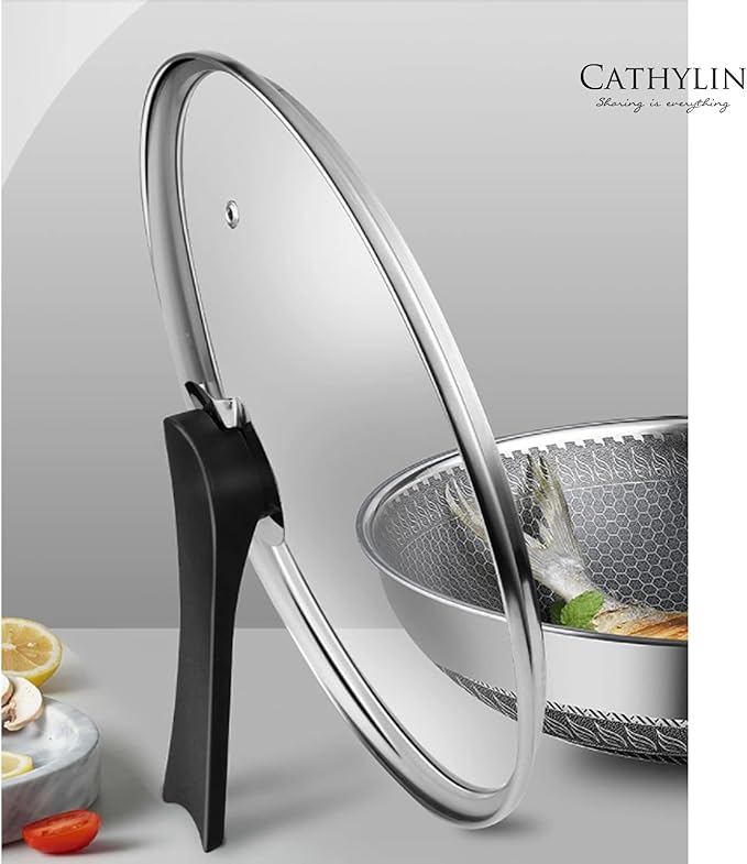 13'' 316L Stainless Steel Stir-fry Wok with Lid,Non Stick Skillet with Stay-cool Handle PFOA Free Suitable for Induction, Ceramic, Electric, and Gas Cooktops