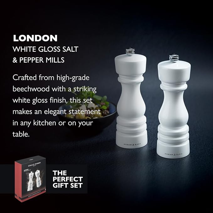 Cole & Mason London Refillable Spice Mill - Kitchen & Home Accessory - Salt & Pepper Grinder Set - Salt Mill with Ceramic Mechanism - Pepper Mill with Carbon Steel Mechanism - 7", White Gloss
