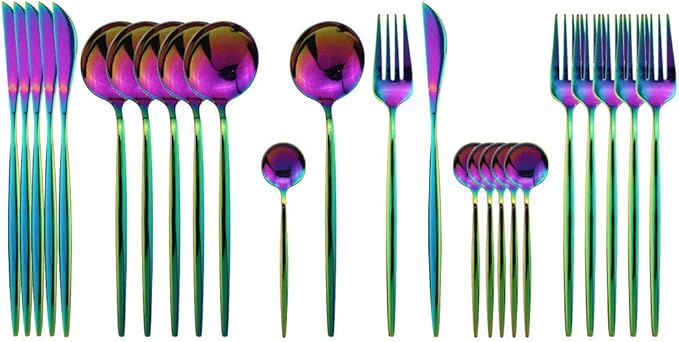 JASHII Flatware Set 24 Piece, Stainless Steel With Titanium Colorful Plated, Multicolor Flatware Set, Silverware, Rainbow Color Cutlery Set Service For 6