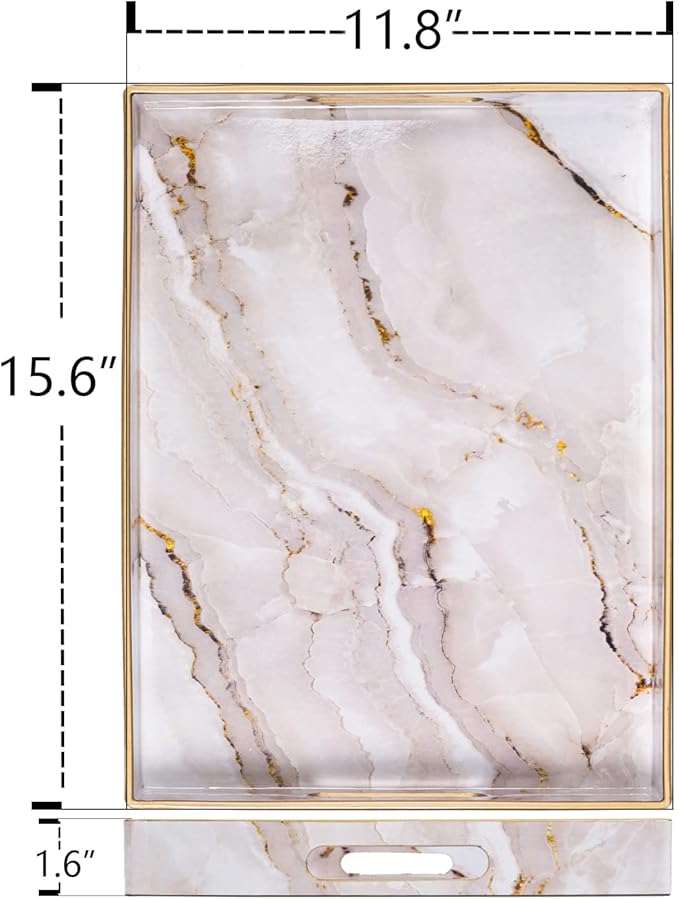 MAONAME Plastic Decorative Tray, Marbling Tray with Handles, Rectangular Coffee Table Trays, Serving Trays for Ottoman, Bathroom, Kitchen, 15.7” x 11.8”, White