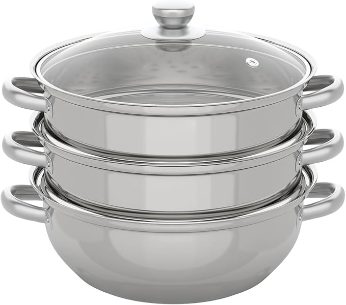 3 Tier Stainless Steel Steamer Set 28 Cm, 11 Inch Food Steam Pot For Cooking Vegetables, Seafood, Soups, Stews, Pasta, Veggie