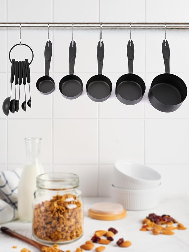 Joyhill Measuring Cups and Spoons Set of 10 Piece, Stainless Steel Measuring Cups with Soft Touch Silicone Handles, Nesting Metal Measuring Cup for Dry & Liquid Ingredients, Cooking & Baking (Black)