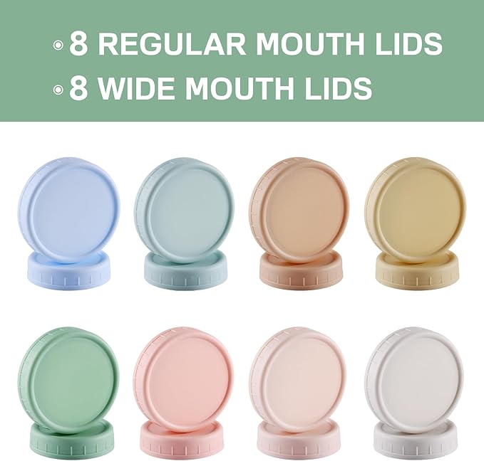 16PCS Colored Plastic Mason Jar Lids With Silicone Rings (8 Wide Mouth & 8 Regular Mouth) for Ball, Kerr and More, Food Grade & Leak-proof, 86mm & 70mm Canning Tops