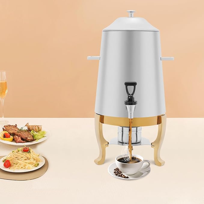 Coffee Urn with Fuel Holder 3.5 Gal/13L, Stainless Steel Beverage Dispenser Hot Drink Dispenser with Stand, Tea Water Coffee Chafer Urn for Parties Buffet Catering Commercial Home (Gold Holder)