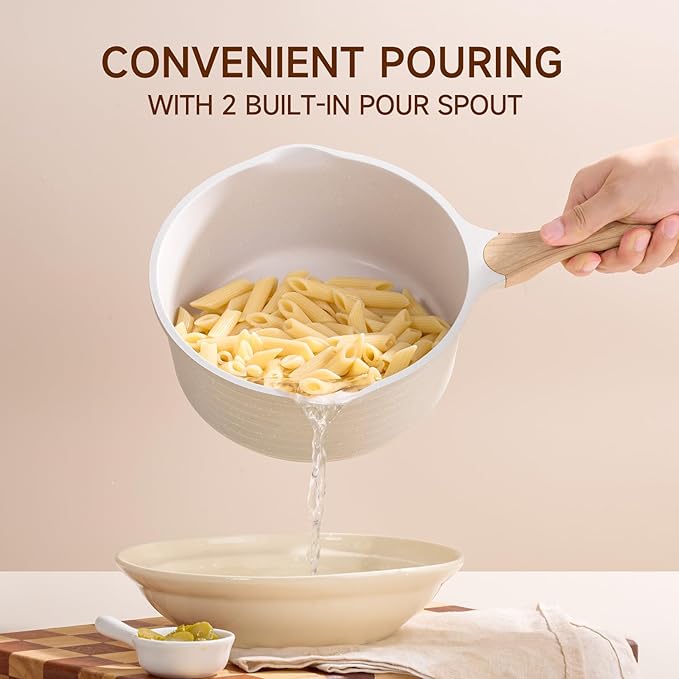 JEETEE 2 Quart Sauce Pan with Lid, Non Stick Small Pot with Coating, Masterclass Cookware Sauce Pot for Cooking, PFOA/PFOS Free(Beige)