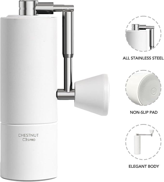 TIMEMORE Manual Coffee Grinder Foldable Handle Burr Coffee Grinder with Capacity 20g Chestnut C3S PRO Internal External Adjustable Setting, Double Bearing Positioning for Travel Camping, Home White