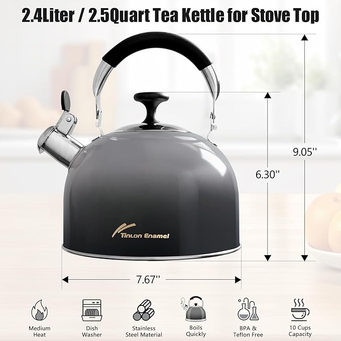 Tea Kettle Stovetop,Stainless Steel Whistling Tea Kettle For Stove Top, 2.5 Qt Tea Pot With Folding Handle, Food Grade Water Teapot Water Kettle For Stove Home Camping Travel,Gradient Black