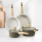 Bambù 6Pcs Cookware set, Die-cast Aluminum pots and pans, Nonstick frying pans and casseroles, Induction safe, PFOA-free (Green and Cream, 6 pcs)