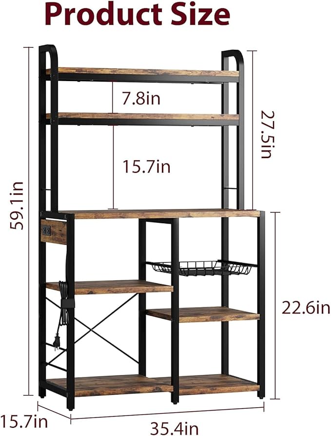 GarveeHome Microwave Stand Bakers Rack with Power Outlet, Kitchen Baker Rack with Wire Basket, 6-Tier Large Freestanding Utility Storage Shelf for Kitchen Dining Living Room, Rustic Brown