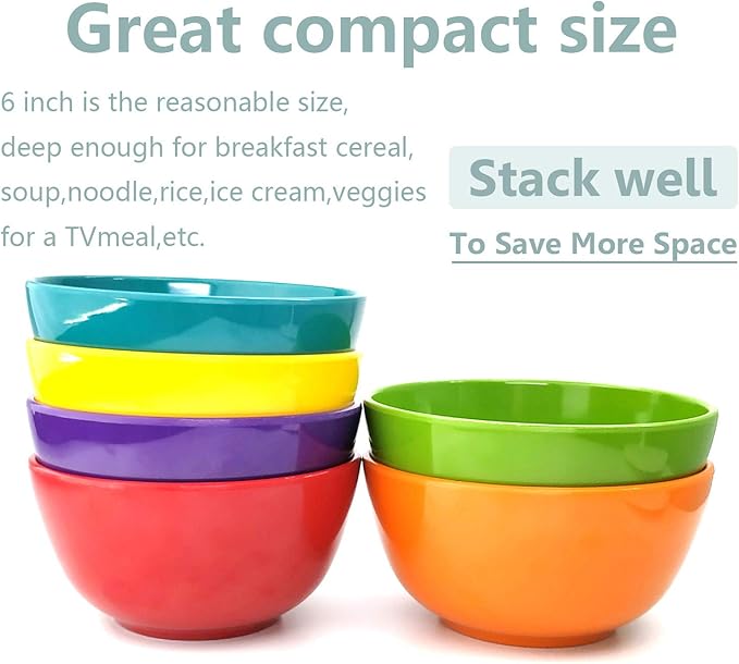 KX-WARE Melamine Bowls set - 28oz 6inch 100% Melamine Cereal/Soup/Salad Bowls, Set of 12 in 6 Assorted Colors | Shatter-Proof and Chip-Resistant Dishwasher Safe, BPA Free