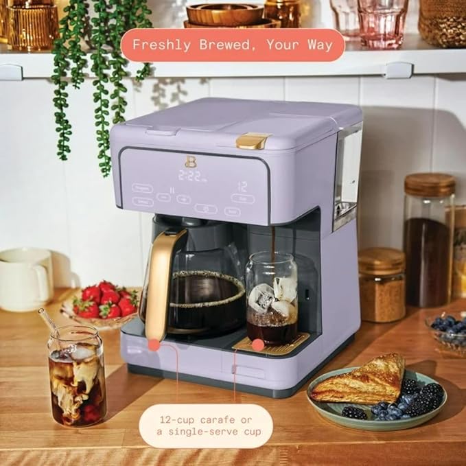 Beautiful by Drew Barrymore Multi-Brew Coffee Maker, 12-Cup Carafe + Single-Serve, Pods or Grounds, Over Ice, Touch Display. (Lavender)