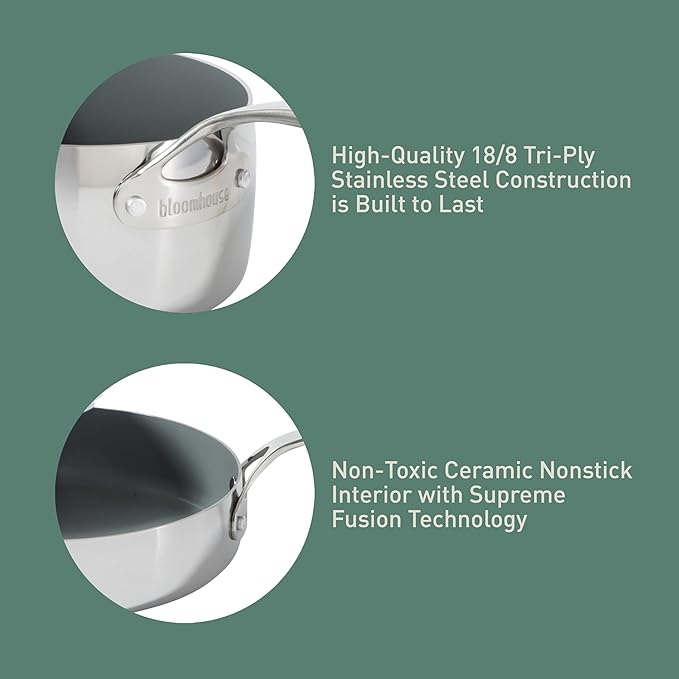 Bloomhouse - Two Time Oprah's Favorite Things Winner - 8 Piece Triply Stainless Steel Pots and Pans Cookware Set W/Grey Non Toxic Pro Ceramic Non Stick Interior