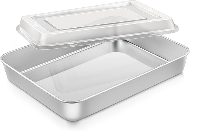 Baking Pan Set, 9¼ x 7⅛ x 2 Inch Small Rectangle Sheet Cake Pan with Lid, Stainless Steel Bakeware for Lasagna Brownie Casseroles