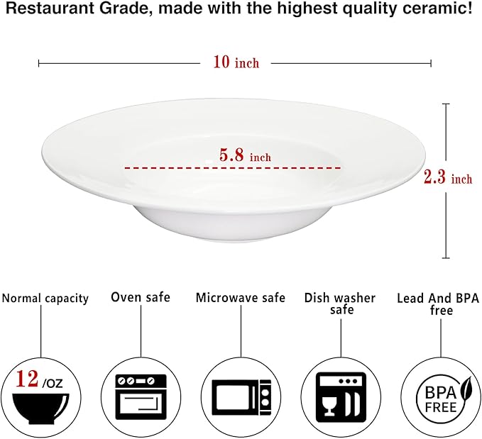 Pasta Plates with Rim 12 oz, Soup Bowl Pasta Bowl Set of 4, White Shallow Bowl Plate, Ceramic Wide Rimmed Soup Bowl, Best choice for high-end restaurants, hotels, and foodies, 10 Inch