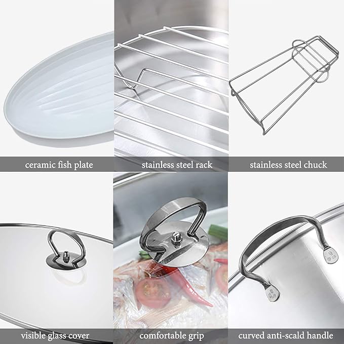 Eglaf 8Qt Stainless Steel Fish Steamer - Multi-Use Oval Cookware with Rack, Ceramic Pan, Chuck - Stockpot for Steaming Fish, Boiling Soup