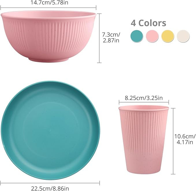 Tanice Plastic Dinnerware Set, 12PCS Outdoor Plates and Bowls Sets, Kids Dinnerware Set for 4, Plastic Dishes Set with Pltaes, Bowls, Cups for Kitchen, Outdoor Camping