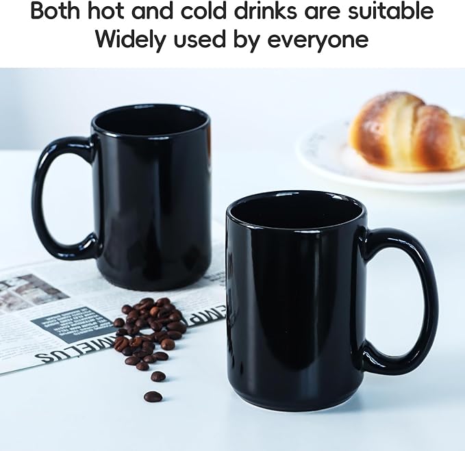 Smilatte 16 OZ Porcelain Coffee Mugs, Classic Blank Ceramic Cup with Large Handle for Tea Latte Cappuccino, Set of 4, Black