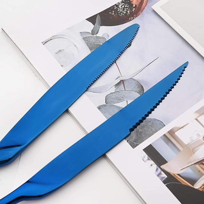 24-Piece Blue Flatware, Mirror 18/10 Stainless Steel Modern & Luxury Dinnerware Set With Serrated Steak Knife Teaspoon For Daily Use or Dinner Party Restaurant - Service For 4