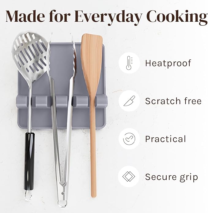 Silicone Spoon Rest for Stove Top with Drip Pad (2 Pack) - Heat Resistant BPA Free Utensil Rest & Kitchen Spoon Holder for Kitchen Counter - Grill And Countertop - Spatula Holder, Tongs, Ladle - Grey