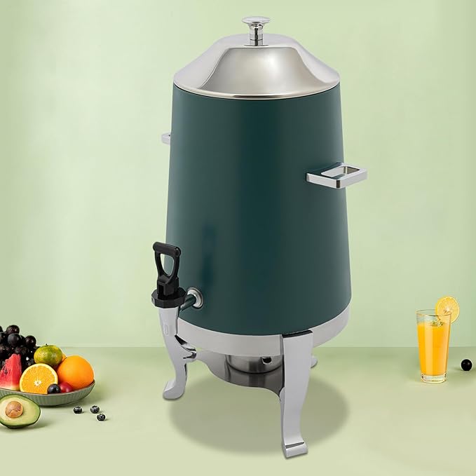 Coffee Urn with Fuel Holder 3.5 Gal/13L, Stainless Steel Beverage Dispenser Hot Drink Dispenser with Stand, Tea Water Coffee Chafer Urn for Parties Buffet Catering Commercial Home (Silver, Green)