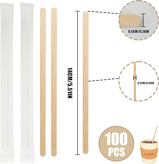 100 Pcs Coffee Stirrers Individually Wrapped, 5.5 Inch Wooden Coffee Stir Sticks, Coffee Stirs Disposable with Smooth Round Ends for Coffee, Cocktail, Drinks Coffee Bar Accessories