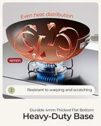 Carbon Steel Wok Pan - 11.8 Inch Pre-Seasoned Flat Bottom Chinese Woks & Stir Fry Pans with Lid, Lightweight Kitchen Cookware for All Stovetops, Gas, Electric, Gift Set for Women/Mom