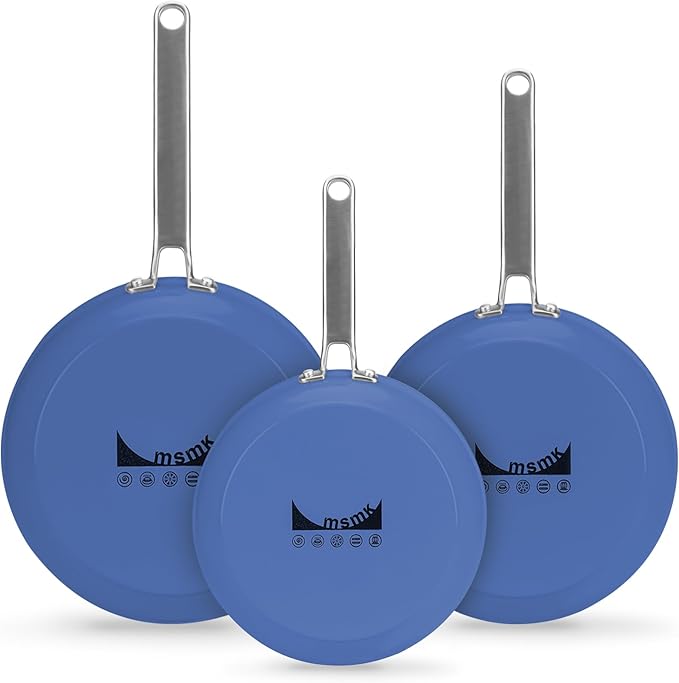 MsMk Blue 8" + 9.5" + 11" Ceramic Non Stick Frying Pans Sets, PFOA Free Non-Toxic, Scratch-resistant, Oven-Safe, Induction Ready, Compatible with All Cooktops