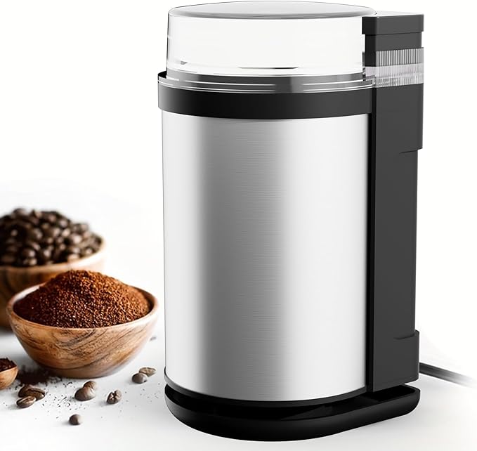 Stainless Steel Coffee Grinder and Spice Grinder with Dual Blades & Heat Dissipation Base, for Uniform Grinding of Large Batches of Beans and Spices