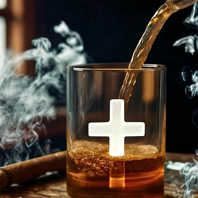 Crucifix Whiskey Glass – Premium Christian Cross Religious Glass, Old Fashioned Glass, Liquor – Luxurious Gold Rim – Home Bar Accessories Ideal for Man Cave, Fun Gift, Christian Gift, Religious Gift