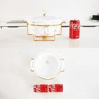 8" Ceramic Casserole Dish with Glass Lid and Gold rack, 2 Quart Serving Soup Tureen,Chafing Dish for Buffet, Family Food preserve Tray, Catering Casserole for Party Style