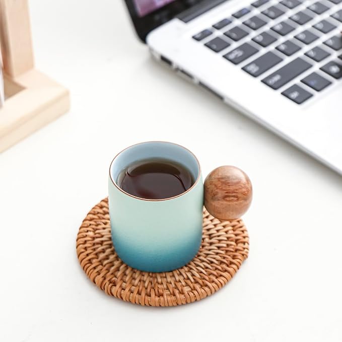 2-Oz Ceramic Espresso Cups with Wood Handle, 2/4-Piece Set for Coffee, Tea, Latte - Dishwasher Safe, Multi-Color & Wood Styles, Gift & Café Use (blue white, Round Handle4)