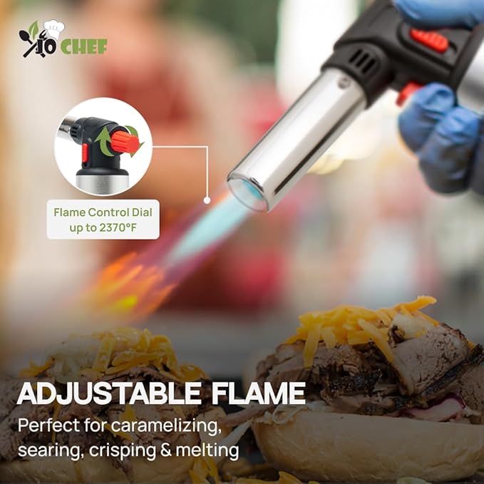 Jo Chef Kitchen Torch with Butane Included – Refillable butane torch Lighter with Safety Lock & Adjustable Flame, Culinary Blow Torch for Cooking, Creme Brulee and Soldering 2 Cans (3.38oz) Included