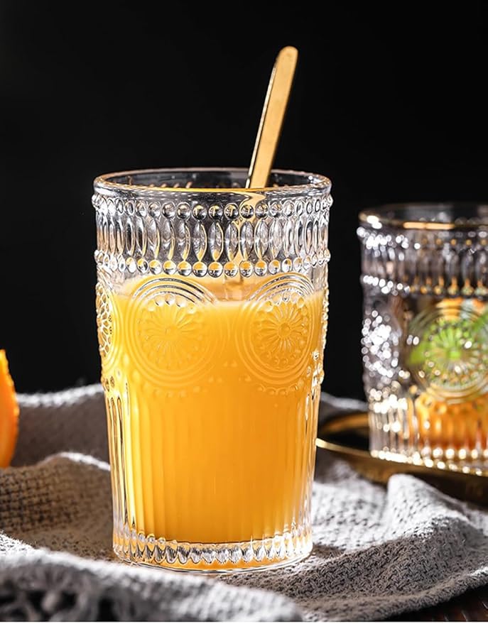 6pcs Vintage Drinking Glasses Set, 12 oz Clear Highball Glasses, Embossed Ribbed Glassware Cups for Cocktail, Water, Juice, Coffee, Whiskey