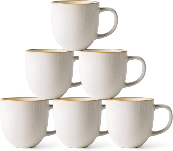 AmorArc 12oz Coffee Mugs, Ceramic Coffee Mugs set of 6 for Man, Woman, Dad, Mom, Modern Coffee Mugs with handle for Latte/Cappuccino/Milk/Cocoa. Dishwasher&Microwave Safe, White-Reactive Glaze